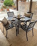 PHI VILLA Gartenmöbel Set 5er-Set aus Metall für den Außenbereich – 94 cm quadratischer Bistrotisch und 4 stapelbare Gartenstühle mit Armlehnen, Tisch mit 4 cm Schirmloch, schwarz
