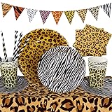 YiiiGoood 52 Stk. Safari Partygeschirr Leopard Tischdecke, Pappteller, Servietten, Waldtiere Pappbecher und Girlande Kindergeburtstag Dekoration Dschungel Deko Leoparden Geburtstagsdeko