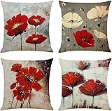 TIAODIAN Kissenbezug 40x40 Rote Blumen Kissenbezüge Sofakissen Kissenhülle Leinen Dekokissen Couchkissen für Sofa Stuhl Bett Garten Kissen 4er Set